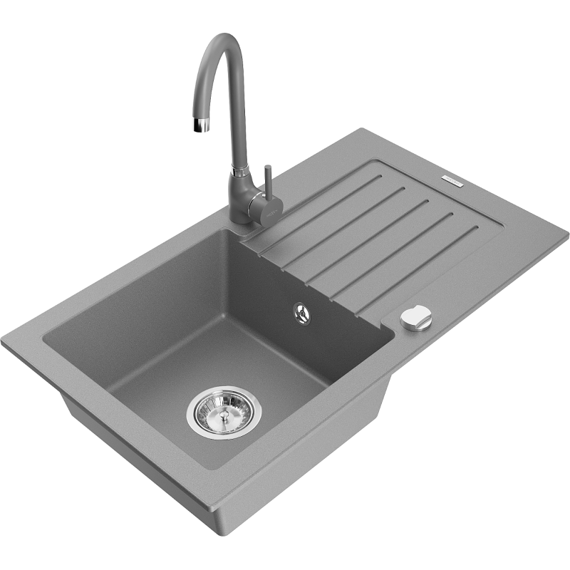 Mexen Pablo granite sink 1-bowl with drainer and Telma kitchen tap, grey - 6510-71-670200-71