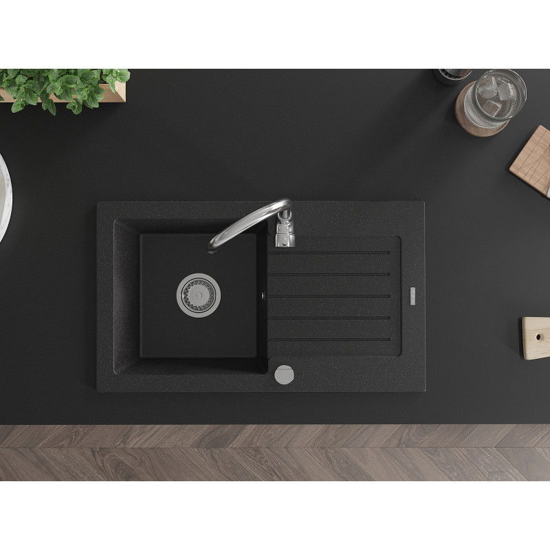 Mexen Pablo 1-bowl granite sink with drainer and Telma kitchen tap, black/silver - 6510-73-670200-00