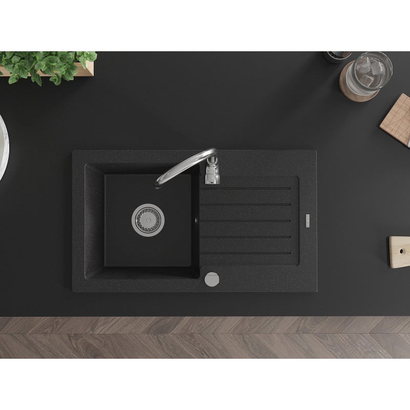 Mexen Pablo granite kitchen sink 1-bowl with drainer and Telma kitchen faucet, black/silver - 6510-73-670200-00