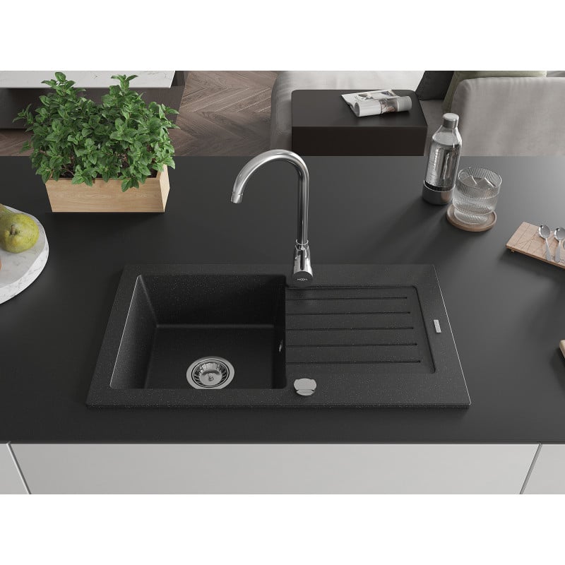 Mexen Pablo granite kitchen sink 1-bowl with drainer and Telma kitchen faucet, black/silver - 6510-73-670200-00
