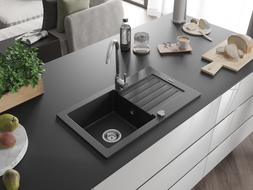 Mexen Pablo granite kitchen sink 1-bowl with drainer and Telma kitchen faucet, black/silver - 6510-73-670200-00