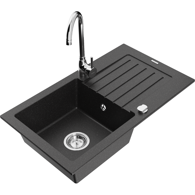 Mexen Pablo 1-bowl granite sink with drainer and Telma kitchen tap, black/silver - 6510-73-670200-00