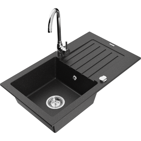 Mexen Pablo granite kitchen sink 1-bowl with drainer and Telma kitchen faucet, black/silver - 6510-73-670200-00