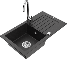 Mexen Pablo granite kitchen sink 1-bowl with drainer and Telma kitchen faucet, black/silver - 6510-73-670200-00
