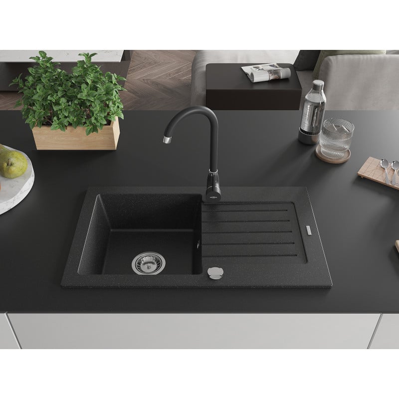 Mexen Pablo granite kitchen sink 1-bowl with drainer and Telma kitchen faucet, black/silver - 6510-73-670200-70