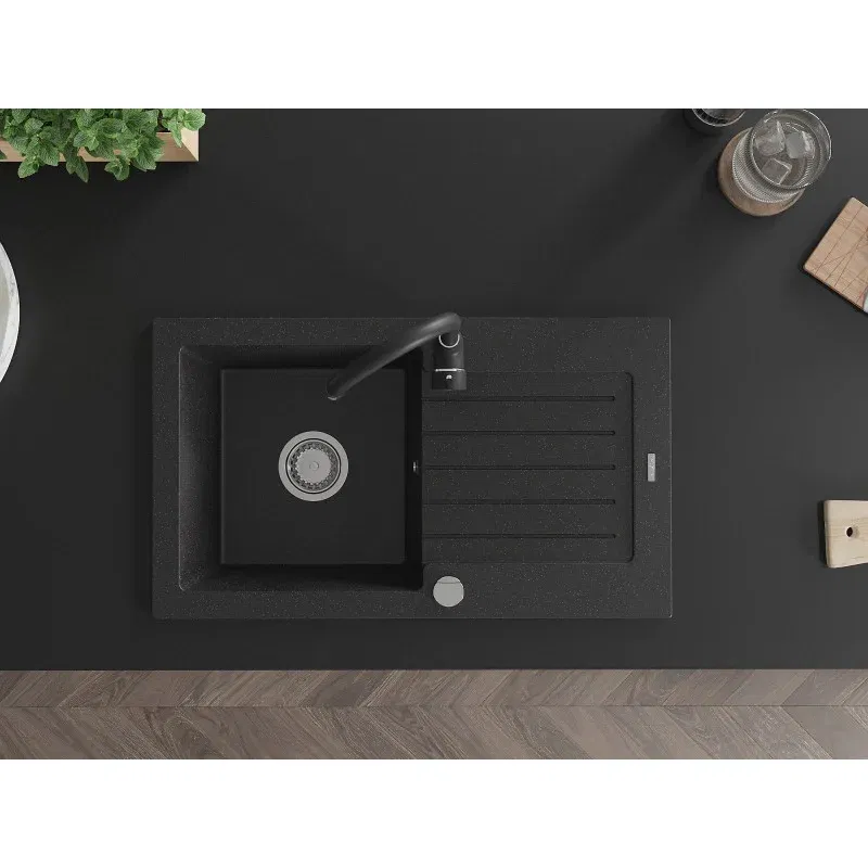 Mexen Pablo granite sink with 1 bowl and drainer and Telma kitchen tap, black/silver - 6510-73-670200-70