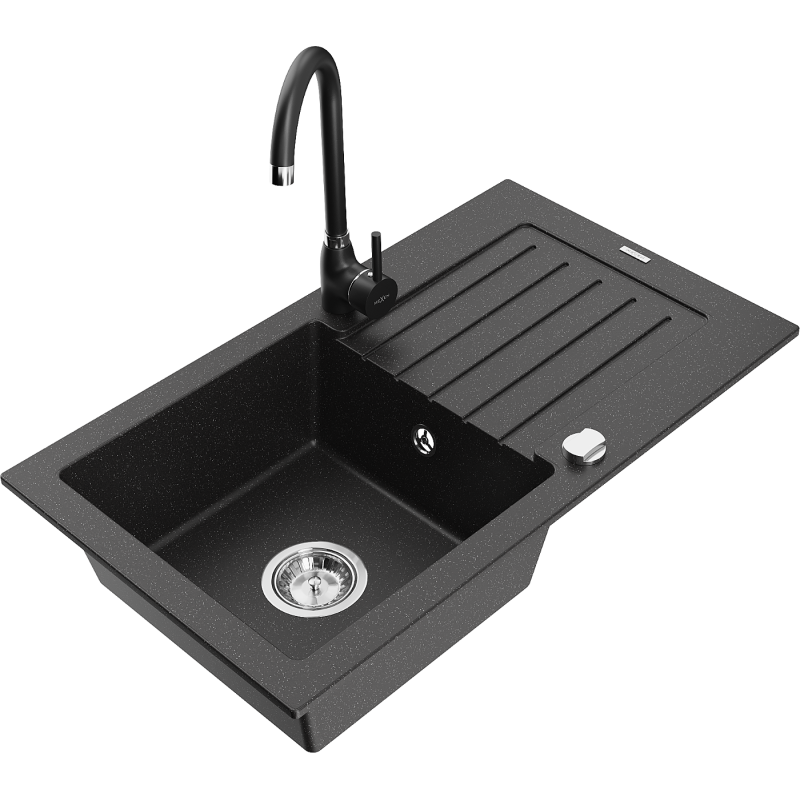 Mexen Pablo granite kitchen sink 1-bowl with drainer and Telma kitchen faucet, black/silver - 6510-73-670200-70