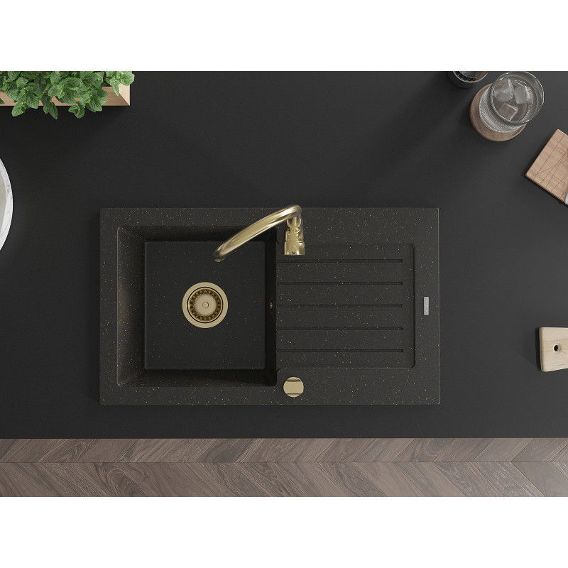 Mexen Pablo granite kitchen sink 1-bowl with drainer and Telma kitchen tap, black/gold - 6510-75-670200-50