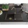 Mexen Pablo granite kitchen sink 1-bowl with drainer and Telma kitchen faucet, black/gold - 6510-75-670200-50