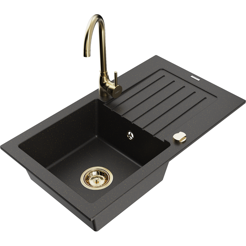 Mexen Pablo granite kitchen sink 1-bowl with drainer and Telma kitchen tap, black/gold - 6510-75-670200-50
