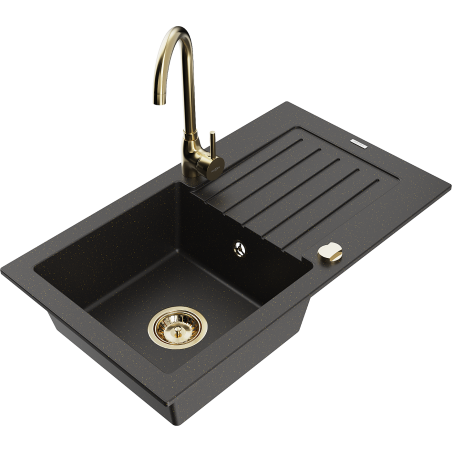 Mexen Pablo granite kitchen sink 1-bowl with drainer and Telma kitchen faucet, black/gold - 6510-75-670200-50