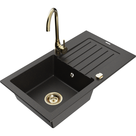 Mexen Pablo granite kitchen sink 1-bowl with drainer and Telma kitchen tap, black/gold - 6510-75-670200-50