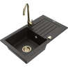 Mexen Pablo granite kitchen sink 1-bowl with drainer and Telma kitchen faucet, black/gold - 6510-75-670200-50