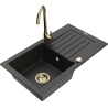 Mexen Pablo granite kitchen sink 1-bowl with drainer and Telma kitchen tap, black/gold - 6510-75-670200-50