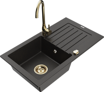 Mexen Pablo granite kitchen sink 1-bowl with drainer and Telma kitchen tap, black/gold - 6510-75-670200-50