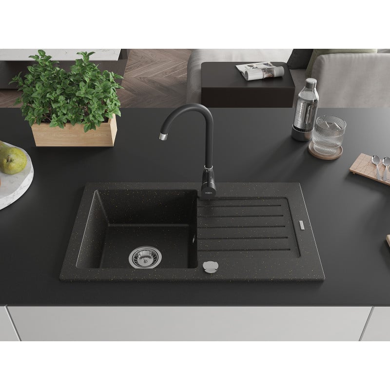 Mexen Pablo 1-bowl granite sink with drainer and Telma kitchen faucet, black/gold - 6510-75-670200-70