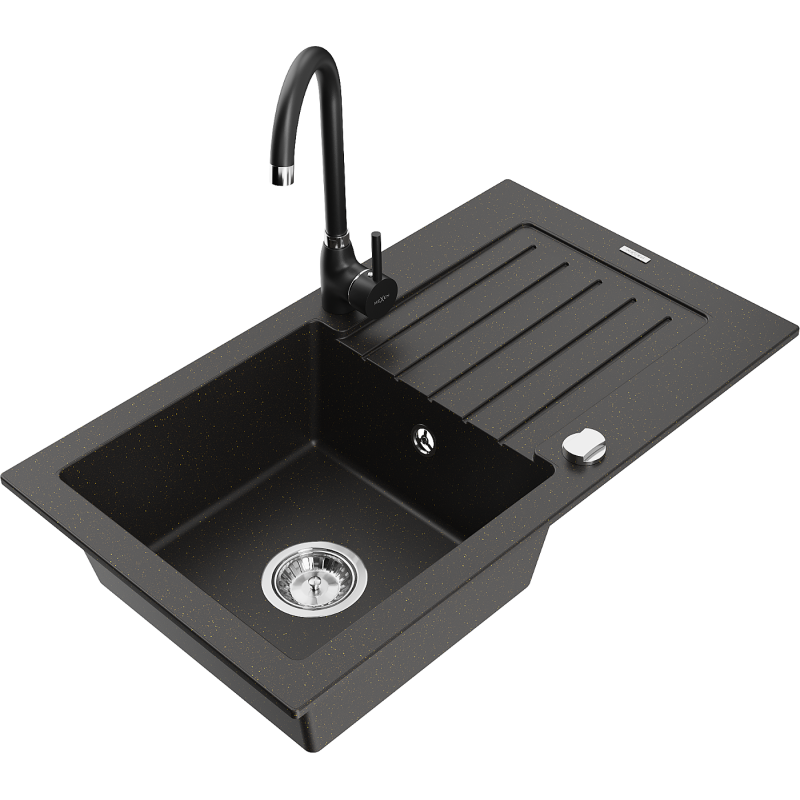 Mexen Pablo 1-bowl granite sink with drainer and Telma kitchen faucet, black/gold - 6510-75-670200-70