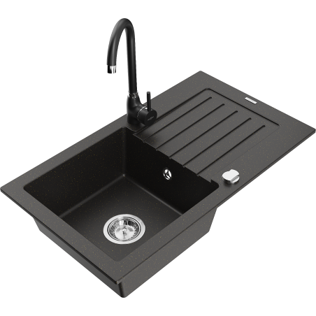 Mexen Pablo 1-bowl granite sink with drainer and Telma kitchen faucet, black/gold - 6510-75-670200-70