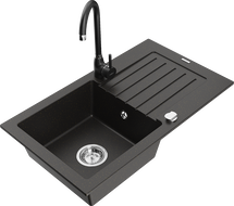 Mexen Pablo 1-bowl granite sink with drainer and Telma kitchen faucet, black/gold - 6510-75-670200-70