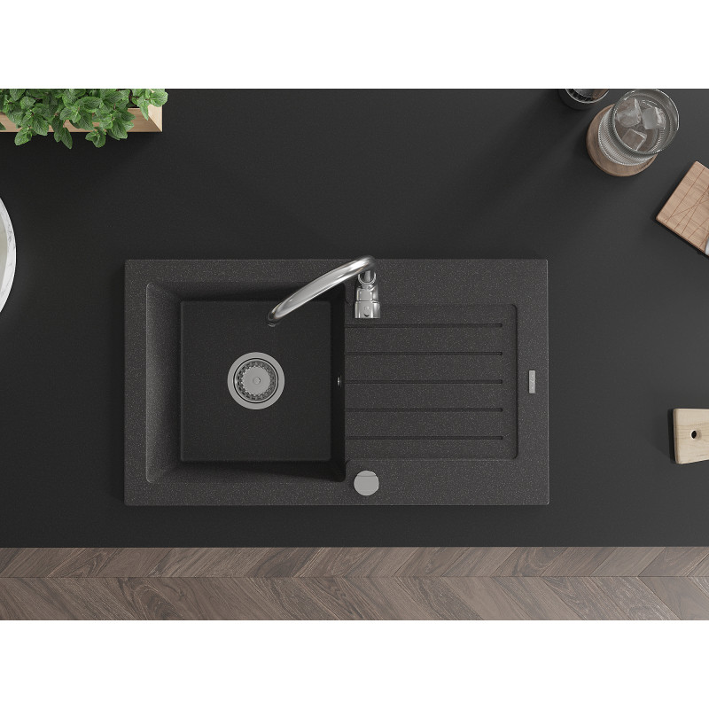 Mexen Pablo 1-bowl granite sink with drainer and kitchen faucet Telma, black speckled - 6510-76-670200-00