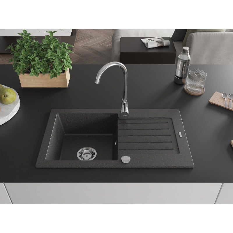 Mexen Pablo 1-bowl granite sink with drainer and kitchen faucet Telma, black speckled - 6510-76-670200-00