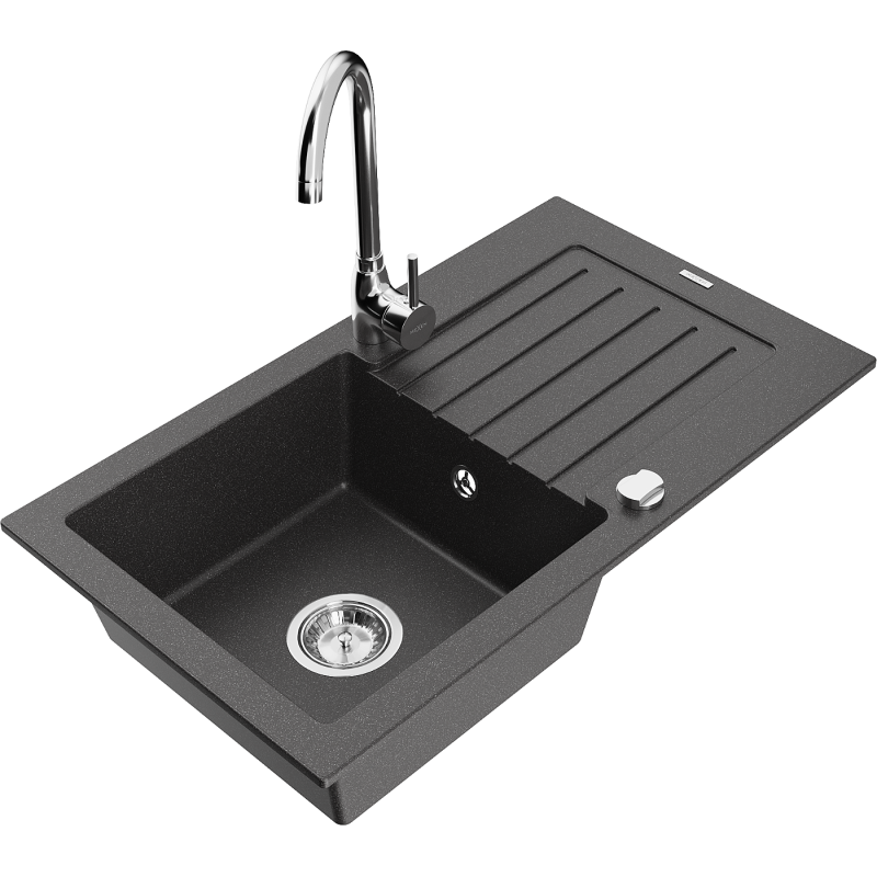 Mexen Pablo 1-bowl granite sink with drainer and kitchen faucet Telma, black speckled - 6510-76-670200-00