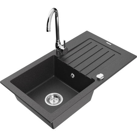 Mexen Pablo 1-bowl granite sink with drainer and kitchen faucet Telma, black speckled - 6510-76-670200-00