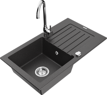 Mexen Pablo 1-bowl granite sink with drainer and kitchen faucet Telma, black speckled - 6510-76-670200-00