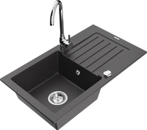 Mexen Pablo 1-bowl granite sink with drainer and Telma kitchen tap, speckled black - 6510-76-670200-00
