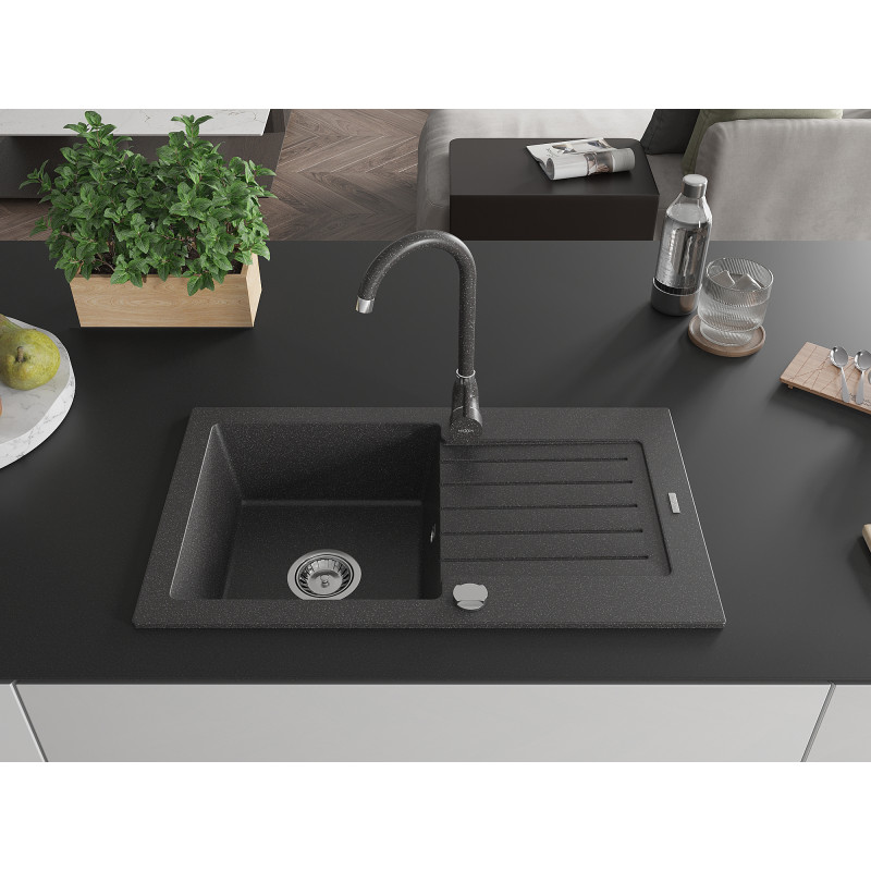 Mexen Pablo 1-bowl granite kitchen sink with drainer and Telma kitchen faucet, speckled black - 6510-76-670200-76