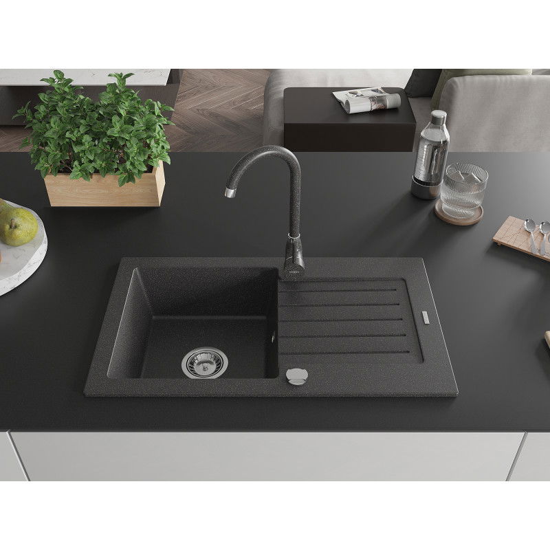 Mexen Pablo 1-bowl granite sink with drainer and Telma kitchen tap, black speckled - 6510-76-670200-76