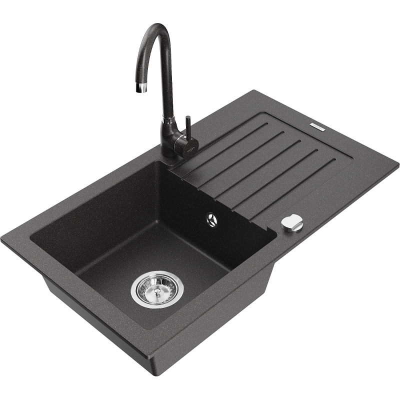 Mexen Pablo 1-bowl granite sink with drainer and Telma kitchen tap, black speckled - 6510-76-670200-76