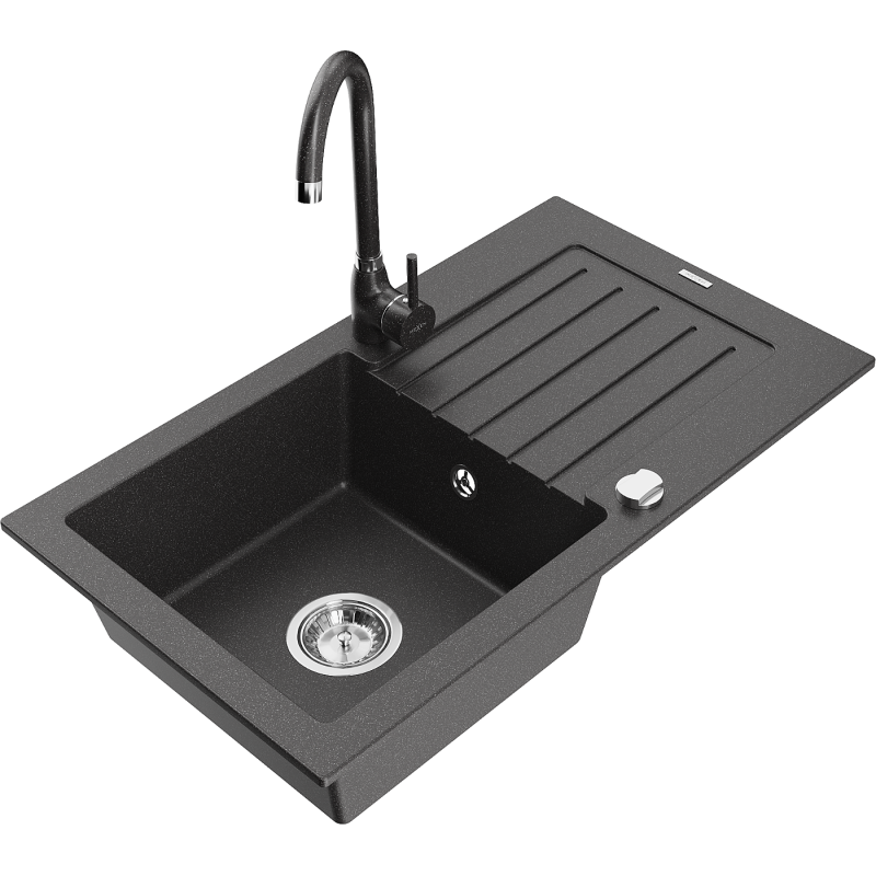 Mexen Pablo 1-compartment granite sink with a drip tray and kitchen mixer tap Telma, Spotted black - 6510-76-670200-76