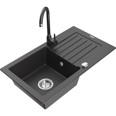 Mexen Pablo 1-bowl granite kitchen sink with drainer and Telma kitchen faucet, speckled black - 6510-76-670200-76