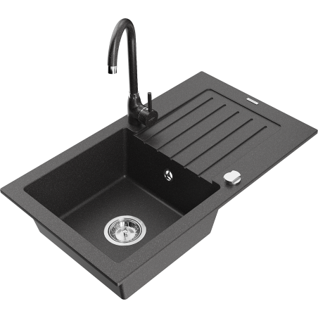 Mexen Pablo 1-bowl granite sink with drainer and Telma kitchen tap, black speckled - 6510-76-670200-76