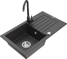 Mexen Pablo 1-bowl granite sink with drainer and Telma kitchen tap, black speckled - 6510-76-670200-76