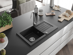 Mexen Pablo 1-bowl granite sink with drainer and Telma kitchen tap, black - 6510-77-670200-00