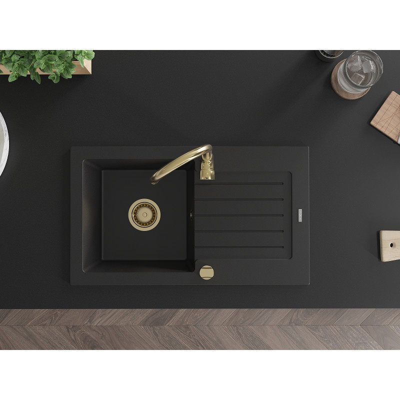 Mexen Pablo Granite Kitchen Sink 1-Bowl with Drainer and Telma Faucet, Black - 6510-77-670200-50