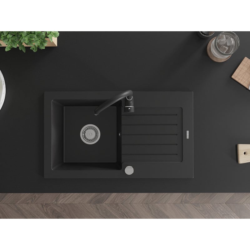 Mexen Pablo granite sink 1-bowl with drainer and Telma kitchen faucet, black - 6510-77-670200-70