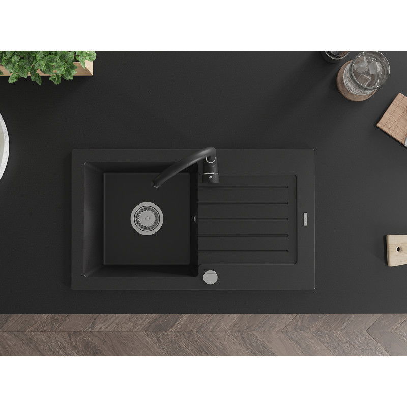 Mexen Pablo granite sink 1-bowl with drainer and Telma kitchen tap, black - 6510-77-670200-70