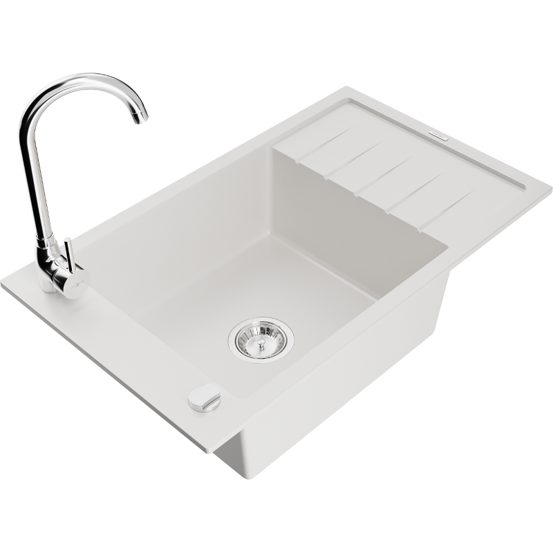 Mexen Elias granite sink 1-chamber with drainer and Telma kitchen faucet, white - 6511-20-670200-00