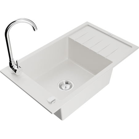Mexen Elias 1-bowl granite sink with drainer and Telma kitchen tap, white - 6511-20-670200-00