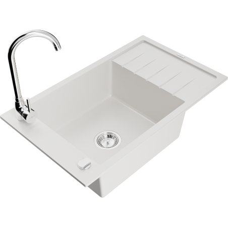 Mexen Elias granite sink 1-chamber with drainer and Telma kitchen faucet, white - 6511-20-670200-00