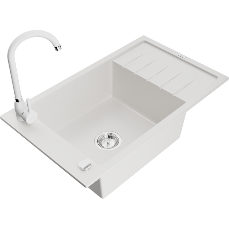 Mexen Elias granite kitchen sink 1-bowl with drainer and Telma kitchen faucet, white - 6511-20-670200-20