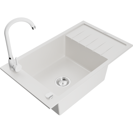 Mexen Elias granite kitchen sink 1-bowl with drainer and Telma kitchen tap, white - 6511-20-670200-20