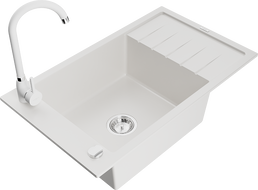 Mexen Elias granite kitchen sink 1-bowl with drainer and Telma kitchen faucet, white - 6511-20-670200-20