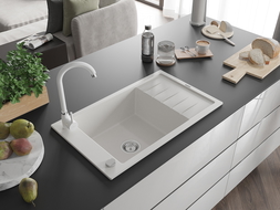 Mexen Elias 1-compartment granite sink with a drip tray and kitchen mixer tap Telma, White - 6511-20-670200-20