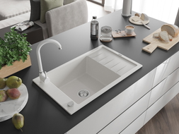Mexen Elias granite kitchen sink 1-bowl with drainer and Telma kitchen faucet, white - 6511-20-670200-20