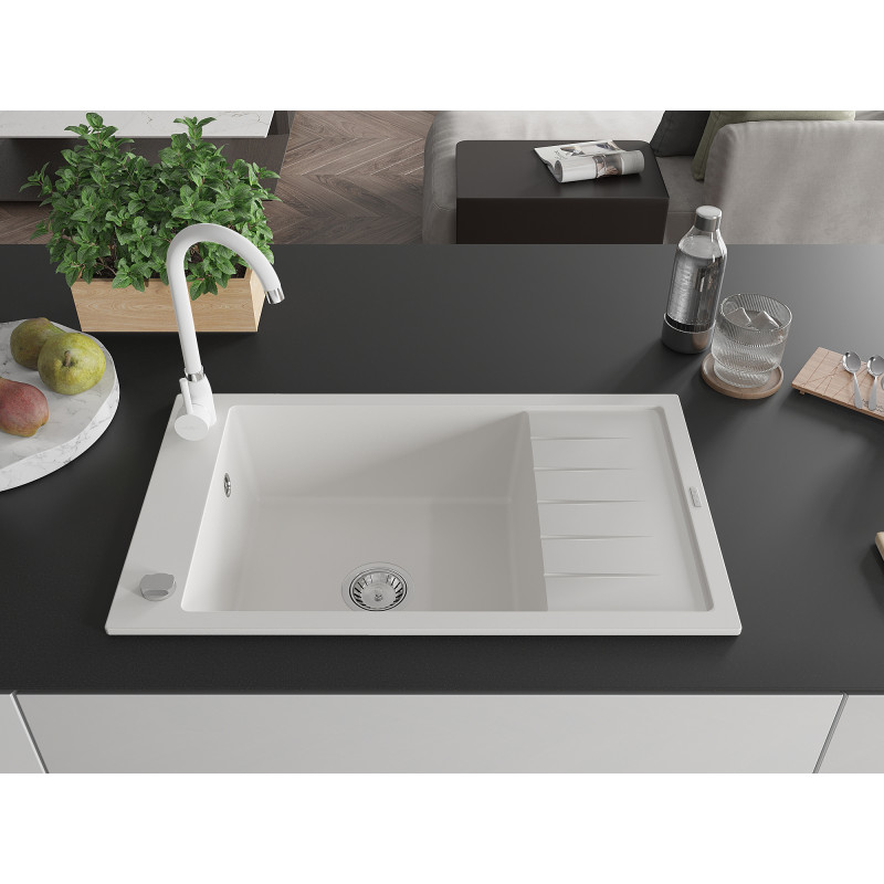 Mexen Elias granite kitchen sink 1-bowl with drainer and Telma kitchen faucet, white - 6511-20-670200-20