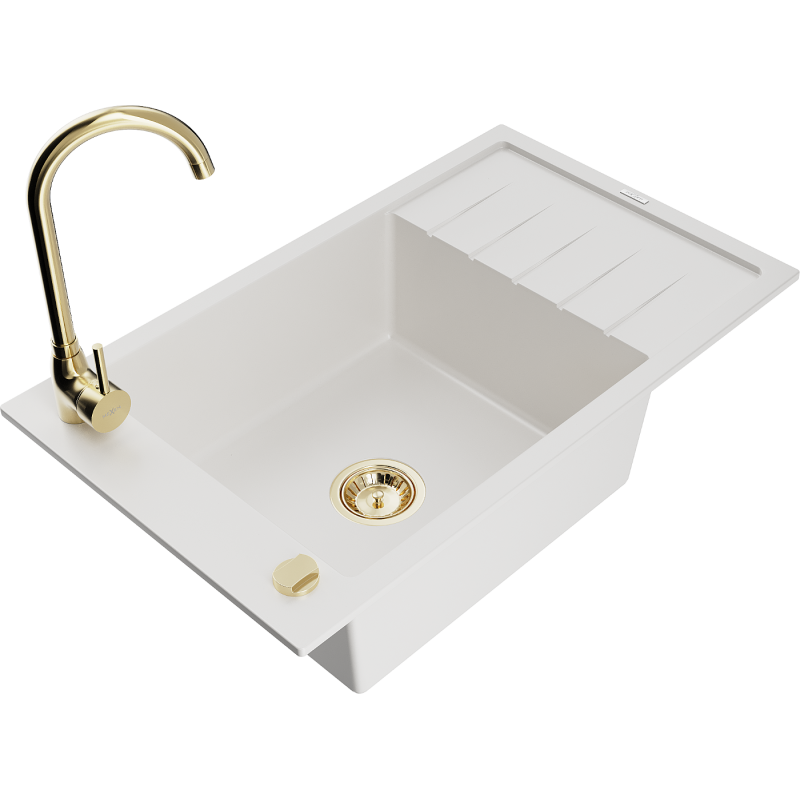 Mexen Elias 1-bowl Granite Sink with Drainer and Telma Kitchen Tap, White - 6511-20-670200-50